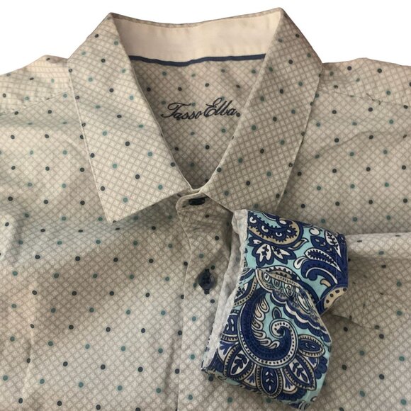 Tasso Elba Button Up Long Sleeve Shirt XXL Grey Dots Flip Cuff Cotton Collared - Picture 6 of 7